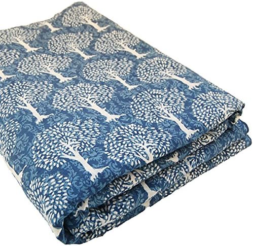 Craftofpinkcity 10 Yards Tree of Life Hand Block Printed Cotton Fabric Indian Manoj Tree of Life Design 44 Inch Wide Indigo Blue Cotton Fabric