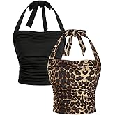 Floerns Girl's 2 Pcs Sleeveless Halter Top Leopard Print Ruched Y2k Tank Top
