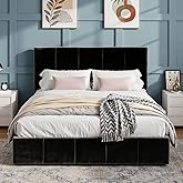 SHA CERLIN Queen Bed Frame, Dutch Velvet Upholstered Platform Bed, Vertical Channel Tufted Adjustable Headboard, Low Profile Bed Frame, No Box Spring Needed, Easy Assembly, Black