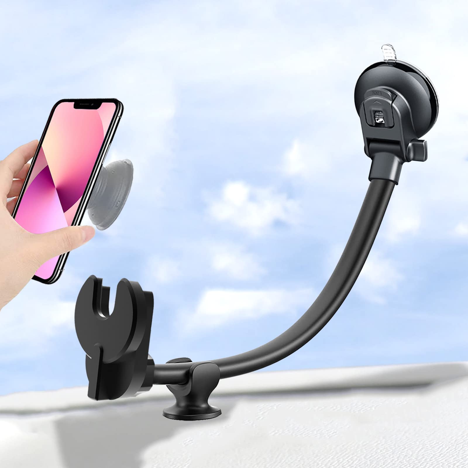 Photo 1 of JCTRIWAY Car Phone Mount for Collapsible Grip/Socket Mount User,Windshield/Dashboard/Vent Phone Holder with Strong Suction Cup,13-Inches Long Arm Gooseneck Cell Phone Cradle for Swappable Grip Stand