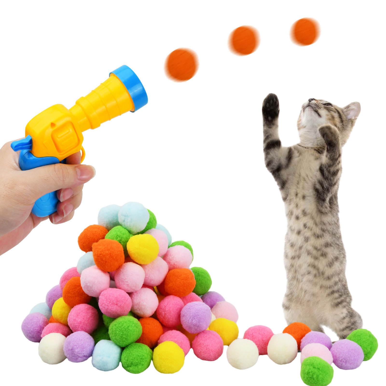 Volumoon Interactive Cat Toys, Cat Ball Toy Launcher with 100pcs Soft Pom Pom Balls, Silent Indoor Cat Exercise & Training Chasing Playing