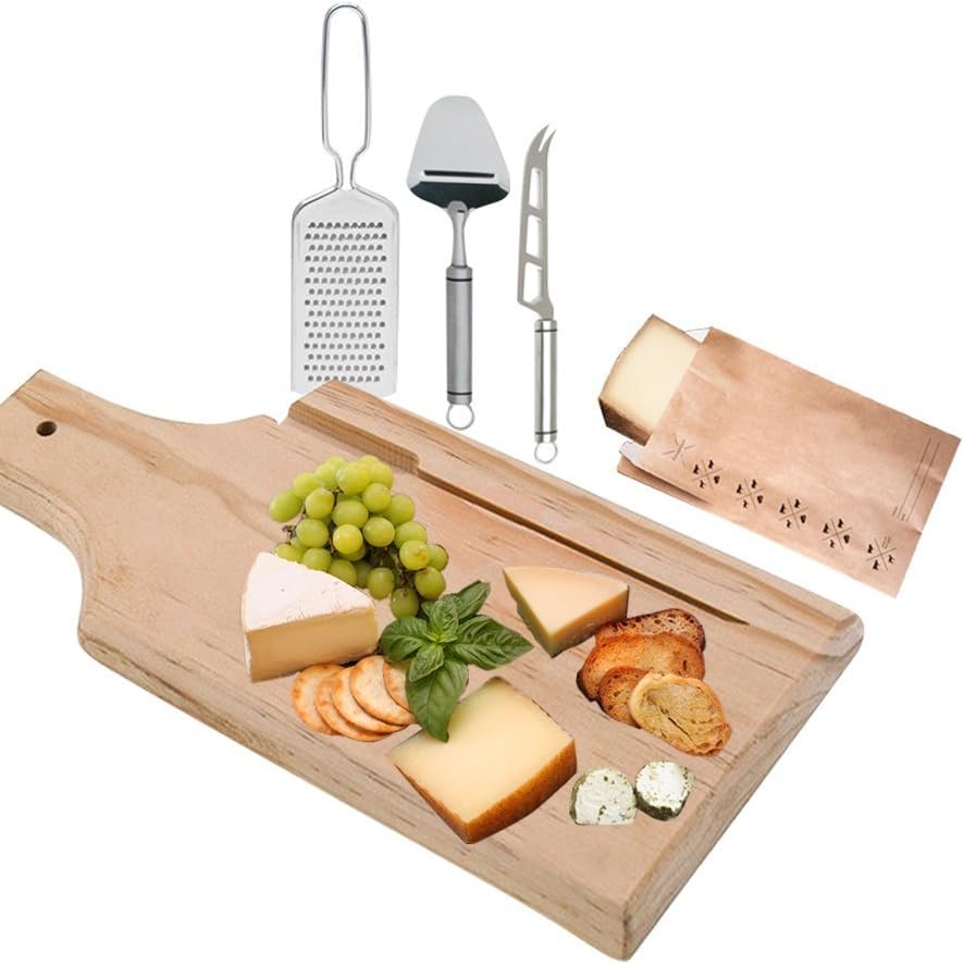 Kitchen Gems Gourmet Cheese Utensil Gift Set - This 5 Item Cheese Utensil Kit Includes Wood Cheese Cutting Board with Stainless Steel Cheese Knife and Cheese Slicer with Other Cheese Accessories
