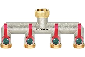 TSGOHNL Brass Garden Hose Splitter, 4 Way Faucet Diverter with 4 Extension Handles, Outdoor Hose Splitter, Heavy Duty Nickel Plated, GHT 3/4-Inch Female Inlet and 3/4-Inch Male Outlet