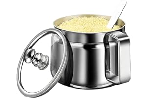 Sugar Container with Spoon, Ghee Container 500ml/17oz Stainless Steel Seasoning Containers with Clear Lid & Handle Spice Jars