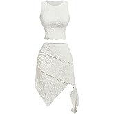 OYOANGLE Women's 2 Piece Skirt Set Eyelet Tank Top Asymmetrical Ruffle Hem Short Skirts Date Night Outfits