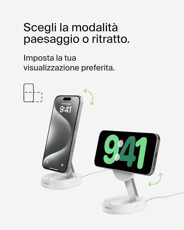 BoostCharge Pro Caricatore Magnetico Convertibile 15W, Caricabatterie Wireless Rapido Qi2 compatibile con MagSafe, per iPhone 17, Air, Pixelsnap, AirPods, alimentatore da 20 W incluso - Bianco