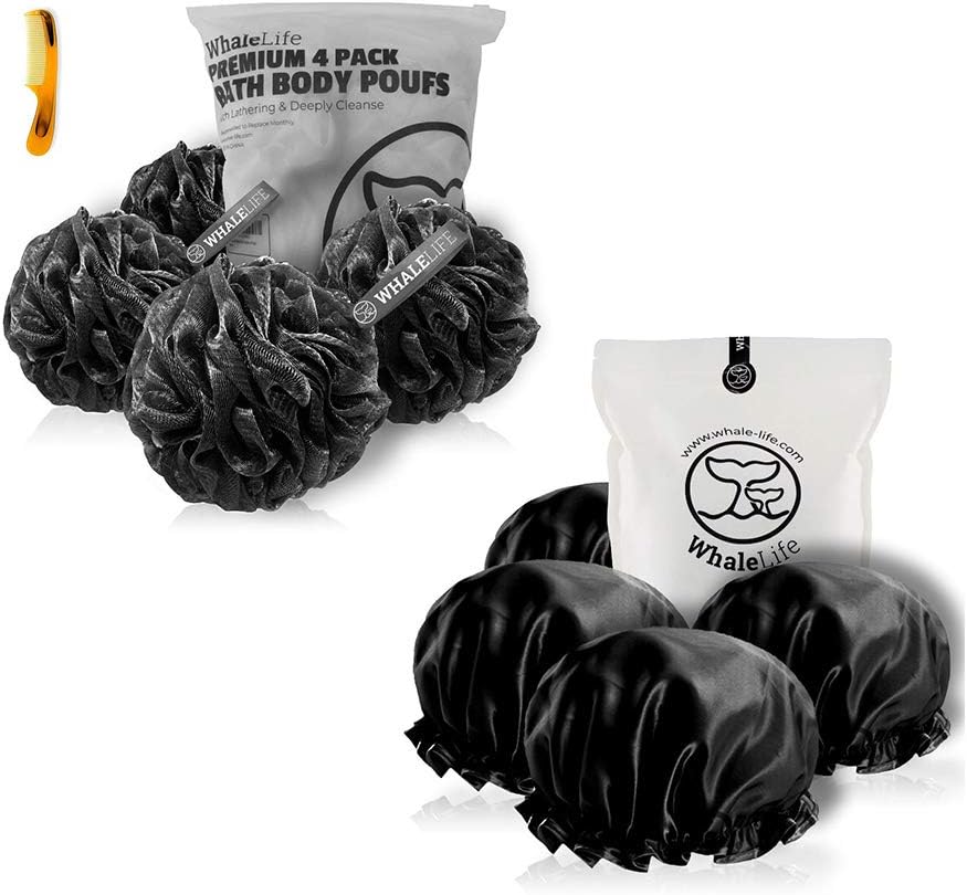 Shower Puffs and Shower Caps 4 Pack Black, Bath Sponge Shower Loofahs Mesh Pouf and Double Large Waterproof Bath Caps for Hair