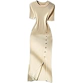 Verdusa Women's Short Sleeve Sweater Dress Ribbed Knit Button Front Split Thigh Bodycon Midi Dresses