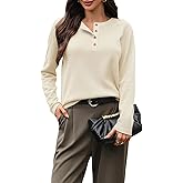 AMZANGEL Women's 100% Wool Sweater Henley Crew Neck Knit Pullover Sweater Half Button up Jumper Office Casual Outfits