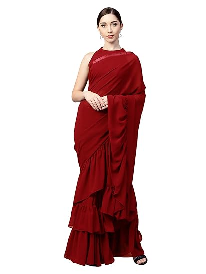 Womens Georgette Saree With Blouse Piece (IND-ISR-249-E_Red)