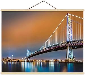 Hitecera Ben Franklin Bridge and Philadelphia by Night as viewed from Camden a The Delaware River,Wall Art Posters for Living Room 12''W x 8''H