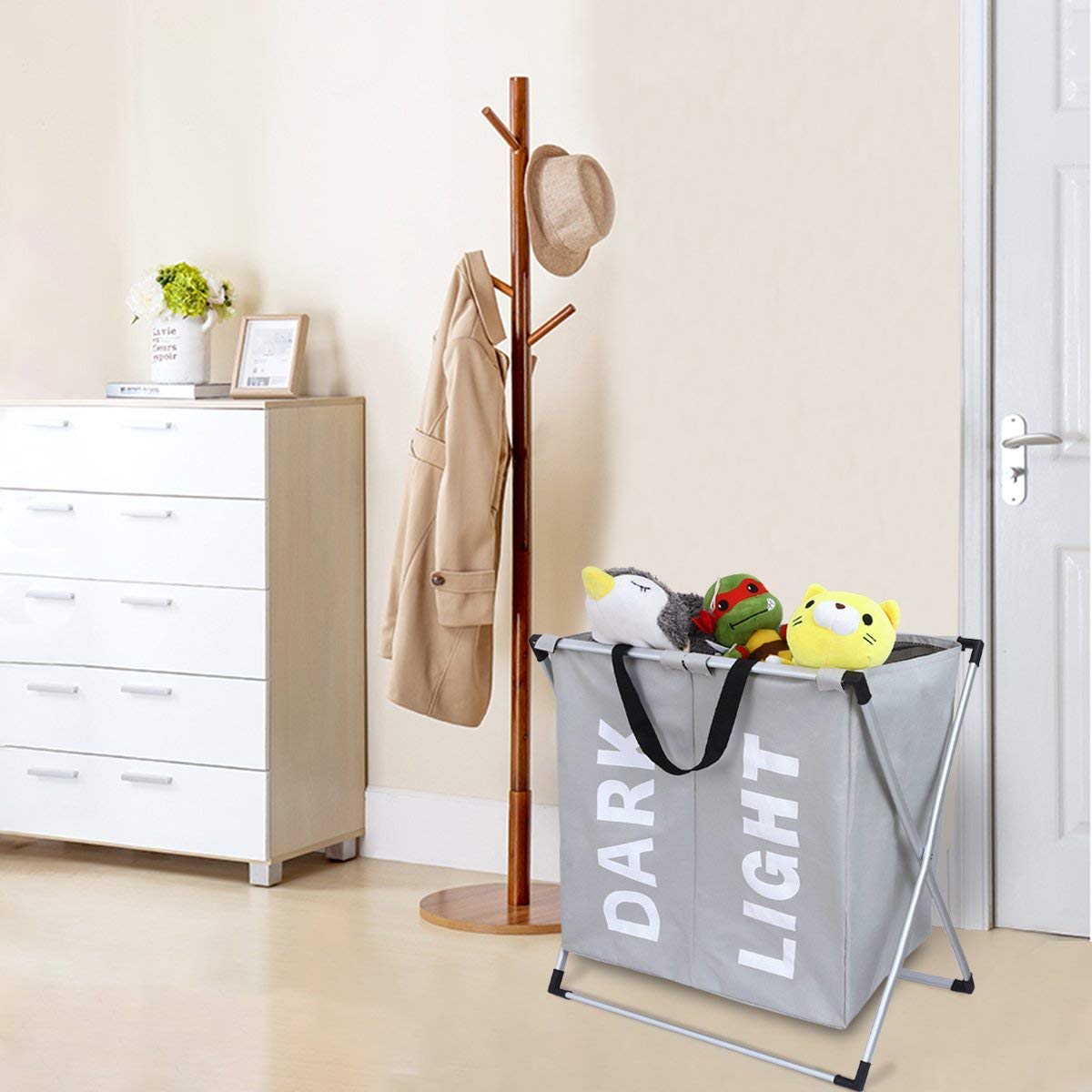 WOWLIVE 2 Section Laundry Hamper X-Frame Double Laundry Basket with Aluminum Frame Durable Dirty Clothes Bag for Bathroom Bedroom Home (Grey)