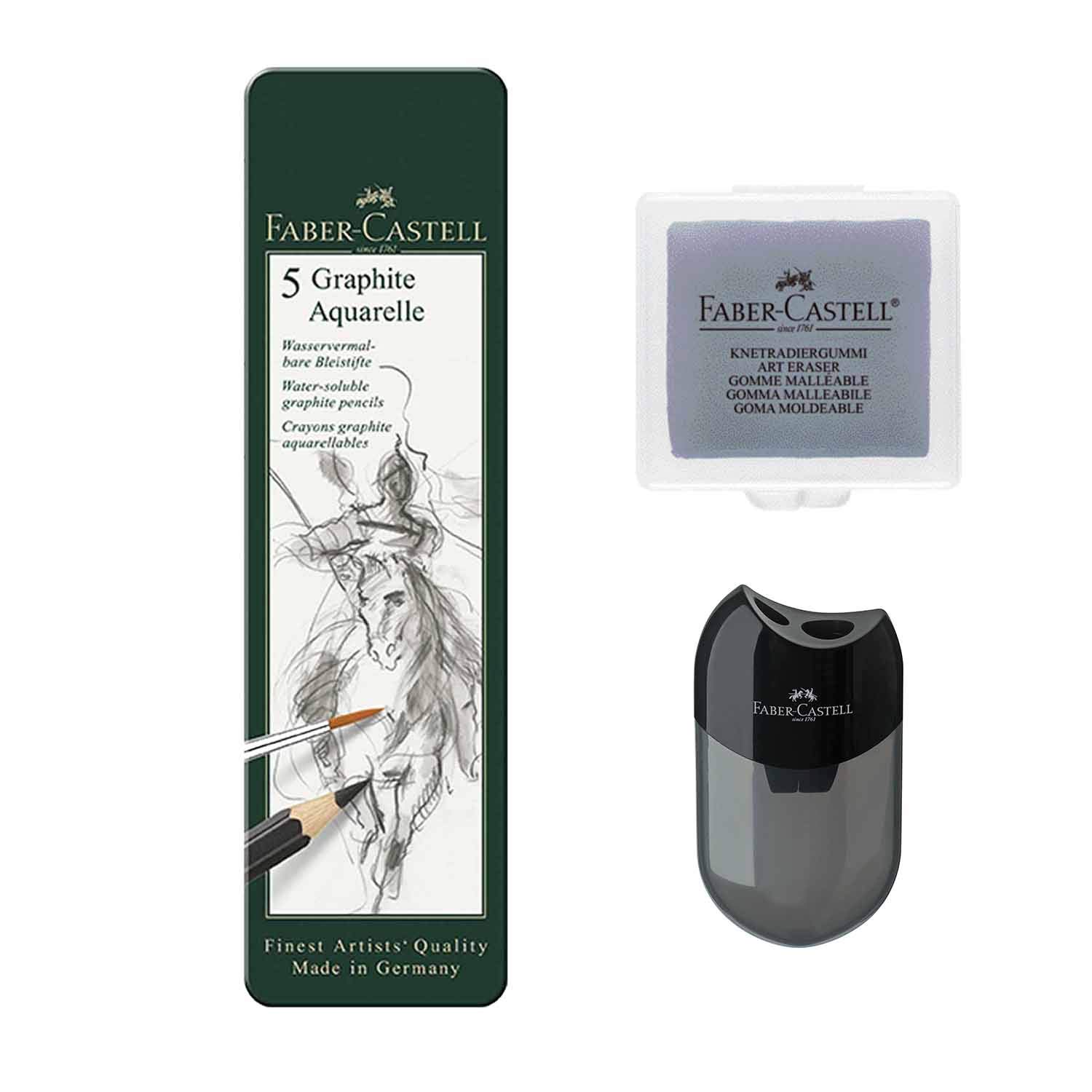 Faber-Castell Graphite Aquarelle 117805-5 Watercolour Graphite Pencils Hardnesses HB, 2B, 4B, 6B and 8B (5 Pencils + Double Pencil Sharpener and Malleable Eraser)