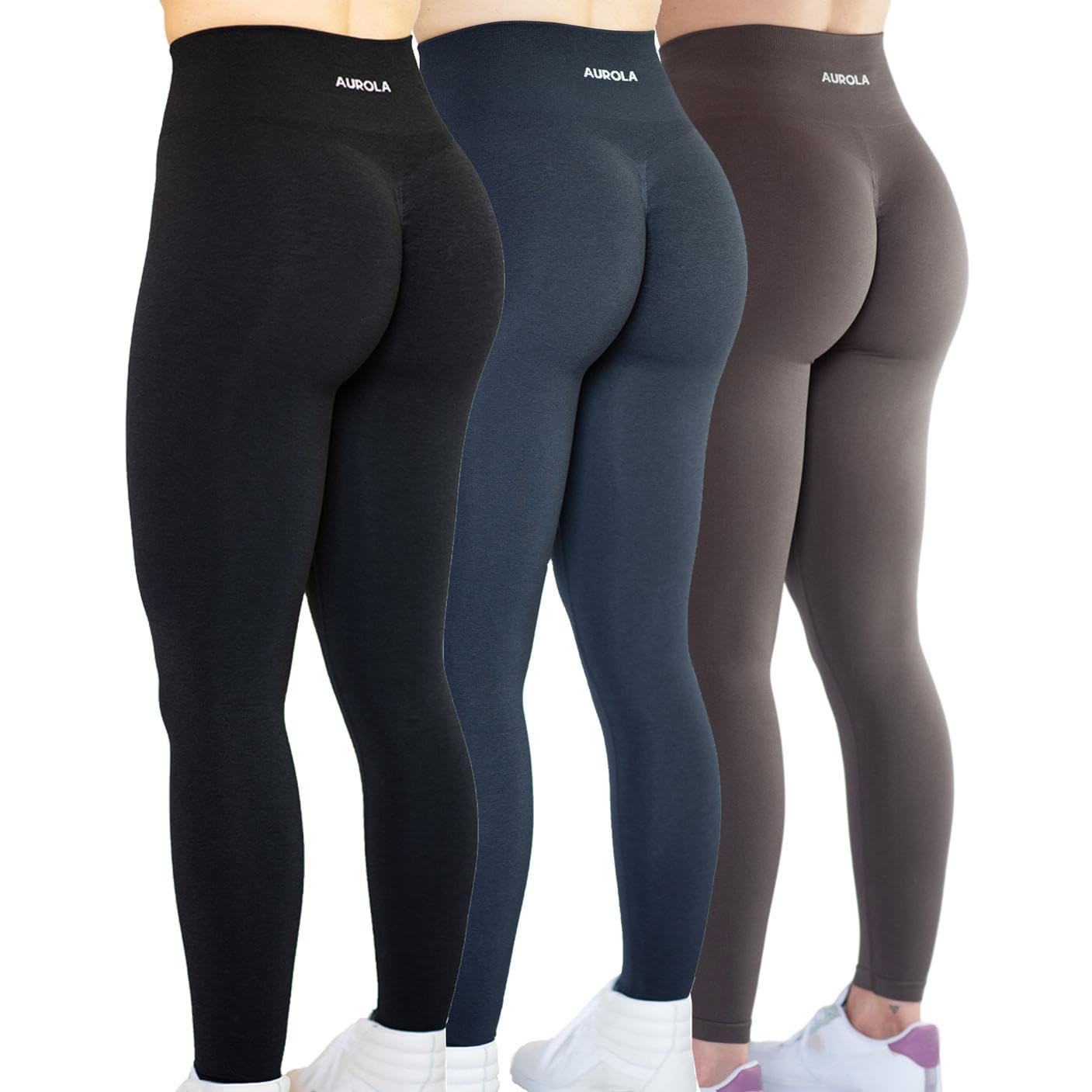 Photo 1 of AUROLA Intensify 3 Pieces Pack Set Workout Leggings for Women Seamless Scrunch Gym Pants,Pack (Black+Black Marl+Chestnut Brown),XL