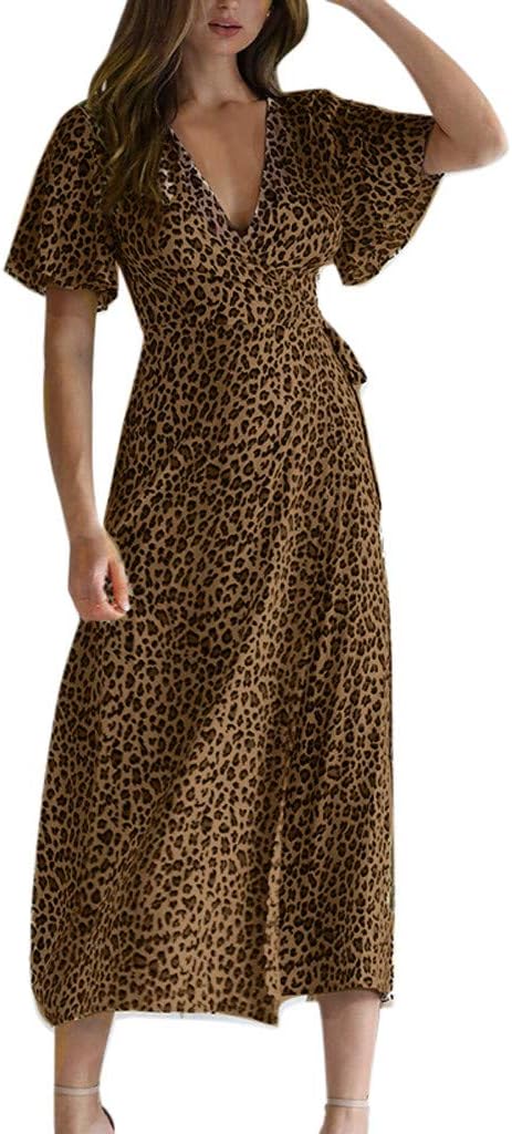 Sunnywill Women Dress, Women Summer Deep V-Neck Leopard Short Sleeve Long Maxi Party Beach Dress Womens Casual Durable Sweater Dress Wedding Dress