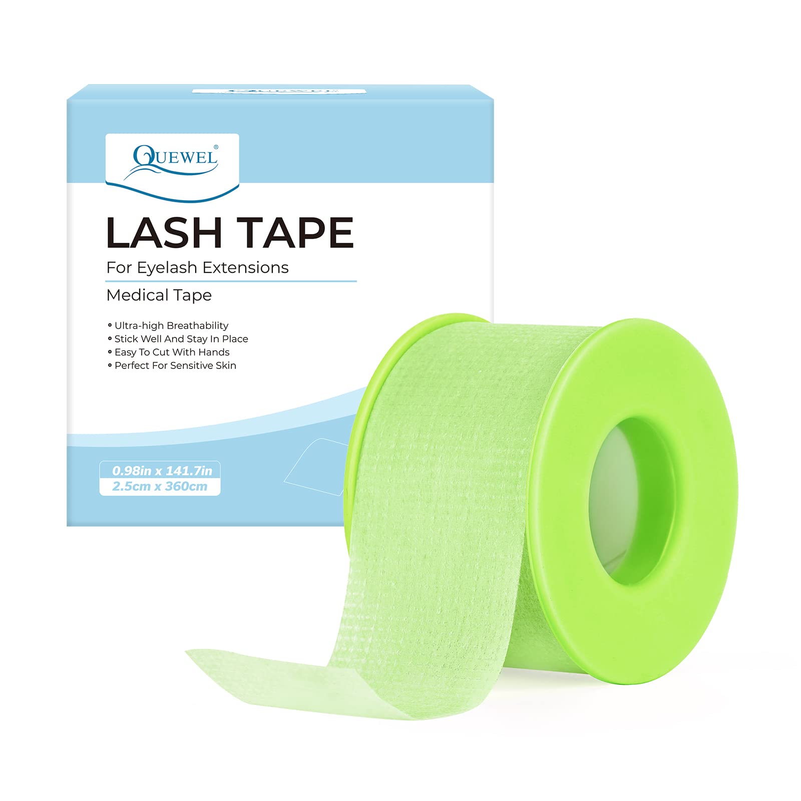 QUEWEL Lash Tape For Eyelash Extensions, Green, 0.98in x 141.7in (2.5cm x360cm), Hypoallergenic & Non-irritating, Breathable, Moderately Sticky, Multi-purpose