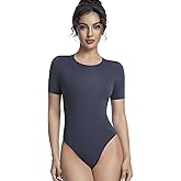 Bolsamila Bodysuits for Women Tummy Control Short Sleeve Round Neck Double Lined Body Suits Women XS-XXL
