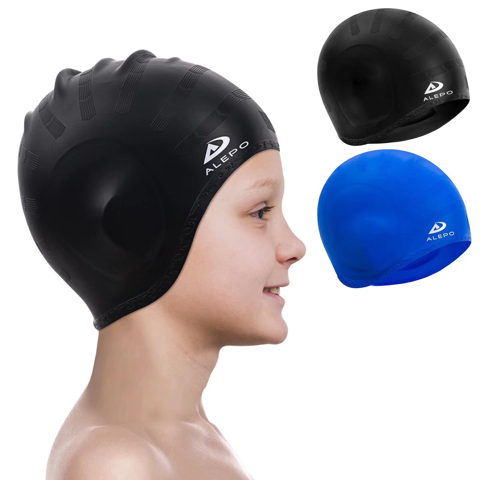 Alepo 2 Pack Kids Swimming Cap Boys Girls, Durable Silicone Swimming Hat with 3D Ear Pockets for Age 3-15 Toddler Child Teen, Bath Swim Cap for Short/Long Hair with Ear Plugs Nose Clip-Black&Blue
