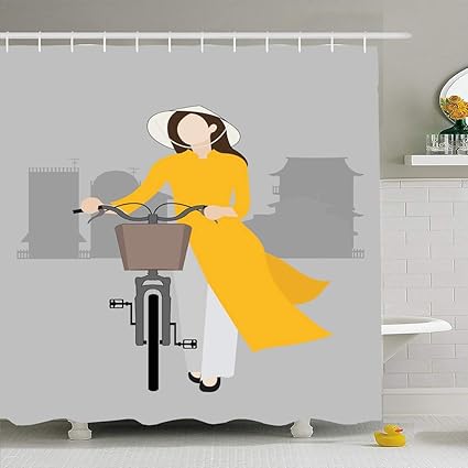 Ahawoso Shower Curtain For Bathroom 72x72 Colorful Vietnamese Girl Bicycle Vietnam Vintage Green Natural Scene Bike Child Female Stream Flow Waterproof Polyester Fabric Bath Decor Set With Hooks Amazon Co Uk Kitchen Home