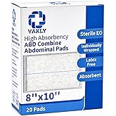 Vakly Sterile Abdominal ABD Combine Pads 8x10, High Absorbency Gauze, 20 Pk | Non-adherent, wound dressing, first aid pads, surgical pads, post op care, trauma pads, individually wrapped, heavy drainage