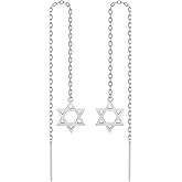 925 Sterling Silver Star of David Threader Dangle Earrings for Women | Minimalist Chain Earrings Double Piercings | Dangle Magen David Earrings (Sterling silver)