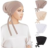 PHOGARY 4 Pcs Women Hijab Undercap, Islamic Muslim Under Hijab Cap Inner Under Scarf Hat Turban with Tie Back Closure