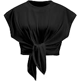 SeeLuNa Tank Top for Women Crew Neck Cap Sleeve Tie Front Pullover Ruched T-Shirt Tops Summer Beach Crop Tee Shirts Blouse