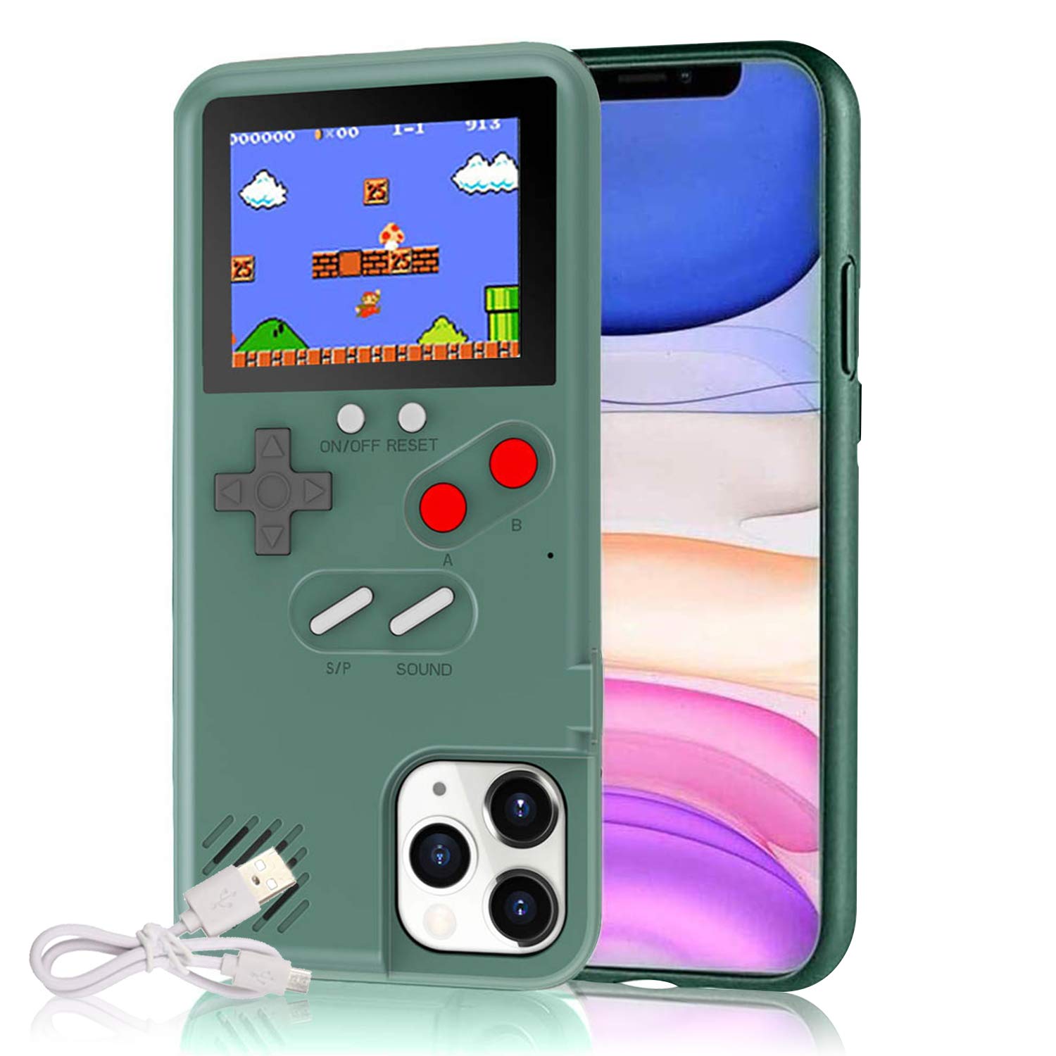 Gameboy Case for iPhone, Autbye Retro 3D Phone Case Game Console with 36 Classic Game, Color Display Shockproof Video Game Phone Case for iPhone (for iPhone 11 Pro Max, Green)