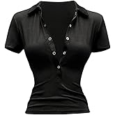 SweatyRocks Women's Deep V Neck Low Cut Tops Casual Short Sleeve Ribbed Knit Henley T Shirts