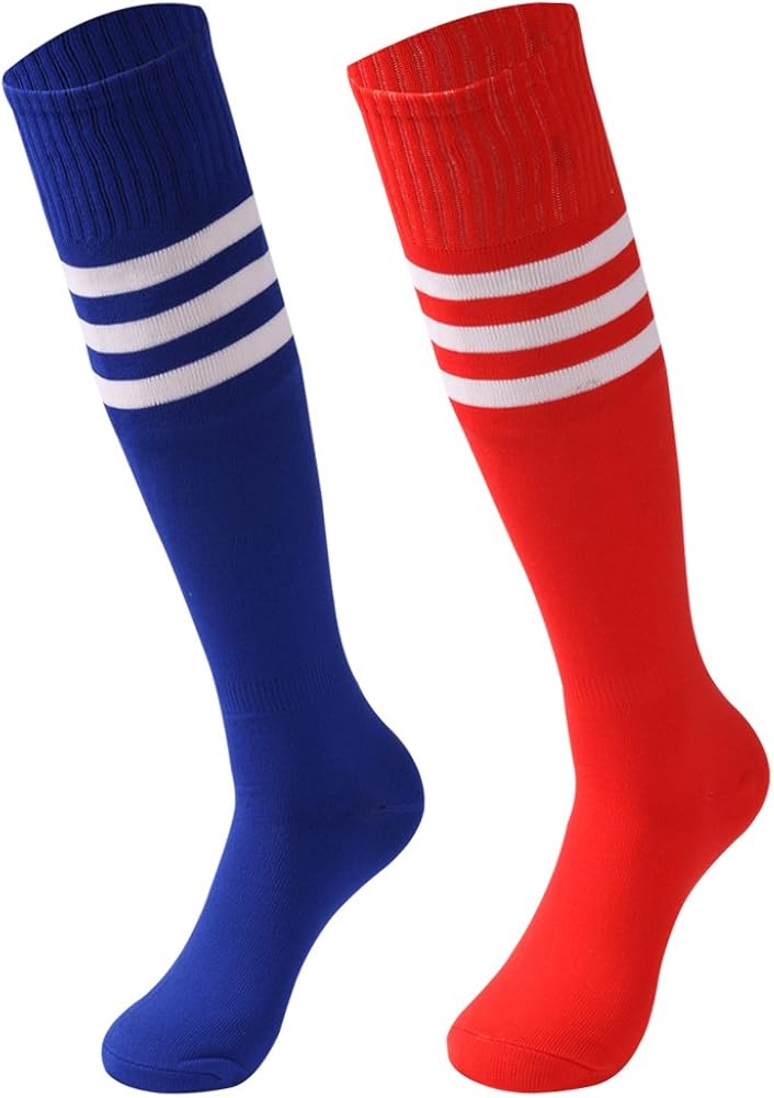 saounisi Adult Long Tube Socks,2 Pairs Knee High Socks Colorful Fashion Stripe Football Soccer School Team Sports Socks Size 9-13 Red/Navy: Clothing