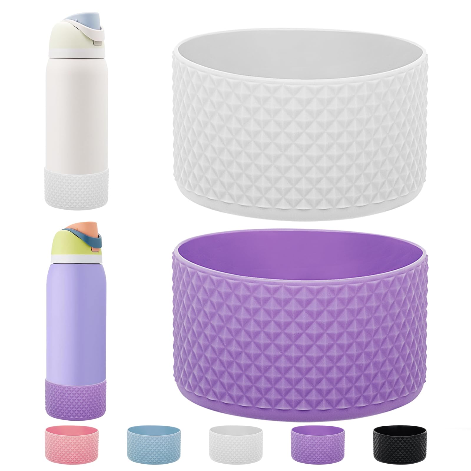 WK IEASON 2Pcs Silicone Water Bottle Boot for Owala 40oz, Protective Flask Bottom Cover Base for Owala FreeSip Twist and Flip Flask Bottles (Diomond White/Purple, 40OZ)