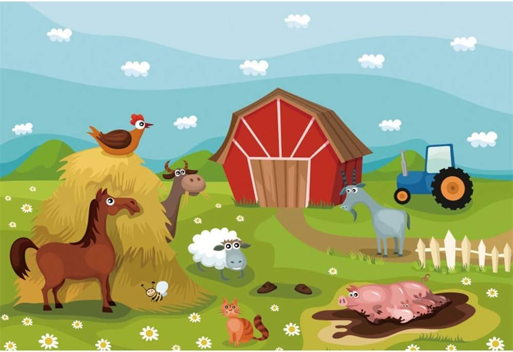 Yeele Cartoon Farm Animals Backdrop 10x8ft Cows Red Barn And Cattle Field Photography Background Infant Baby Newborn Birthday Portrait Acting Show Preschool Events Dessert Table Bday Party Photo Booth Accessories Supplies