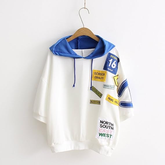 Amazon ノーブランド品 レディース 夏 薄手 半袖 パーカー 無地 シンプル ゆったり 白 Tシャツ フード付き おしゃれ Bf風 可愛い ファッション 通学 ワンサイズ ブルー Tシャツ カットソー 通販