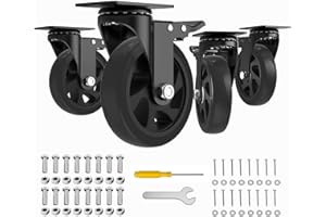 JIN FU TOU 5 Inch Caster Wheels,Set of 4 Heavy Duty,Black Industrial Casters with Brake, Locking Casters for Furniture and Workbench for Cart,Top Plate Swivel Wheels and Load 2400lbs （Two Hardware Kits Include
