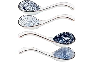 (4Pack) Ceramic Soup Spoons,Long Handle Ramen Spoons,Asian Soup Spoon,Japanese Soup Spoons for Ramen Pho Miso Wonton Noodles 