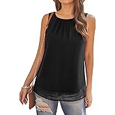 AWULIFFAN Tank Tops for Women Sleeveless Round Neck Tops Casual Pleated Double Layers Chiffon Blouse Shirts
