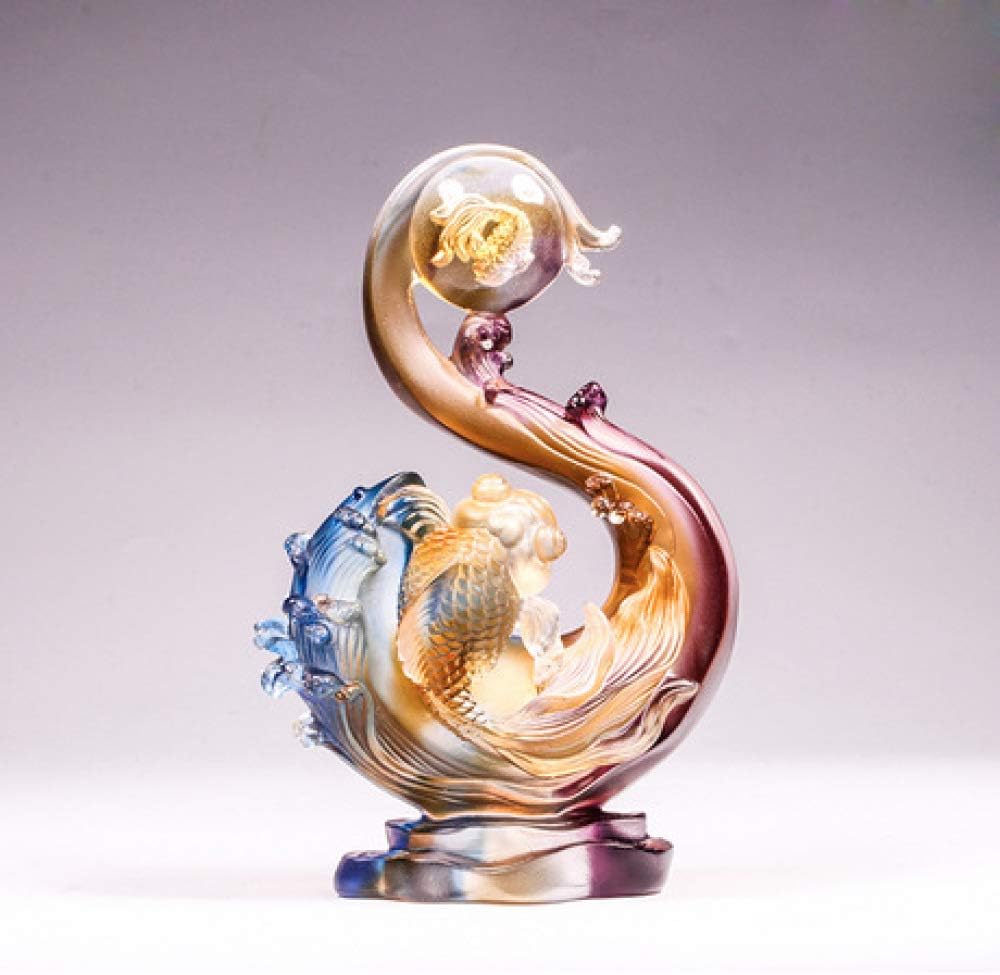 Lxj Household ornaments Glass fish ornaments Gold jade double to Feng Shui home accessories Wedding gift ornaments 11.4 * 8 * 20cm