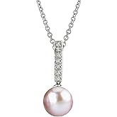 The Pearl Source 14K Gold 10-11mm Round Pink Freshwater Cultured Pearl & Diamond Dangling Pendant Necklace for Women