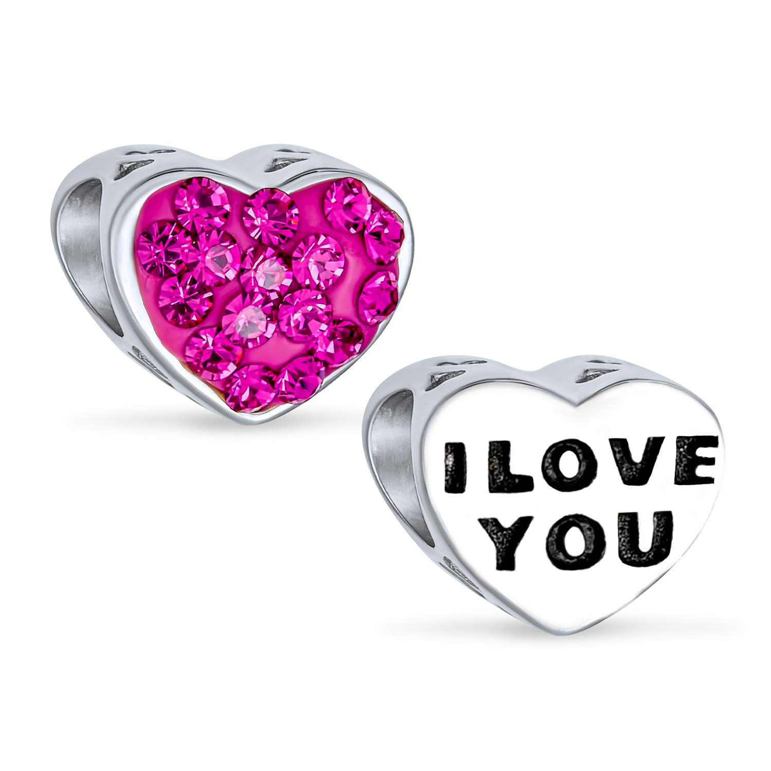 Pink Crystal I Love You Word Heart Charm Bead For Women For Wife .925 Sterling Silver Fits European Charm Bracelet