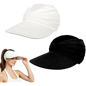 2PCS Women’s Wide Brim Sun Visor Hat, UPF 50+ UV Protection Lightweight Foldable Ponytail Hat for Summer Beach Golf Outdoor B