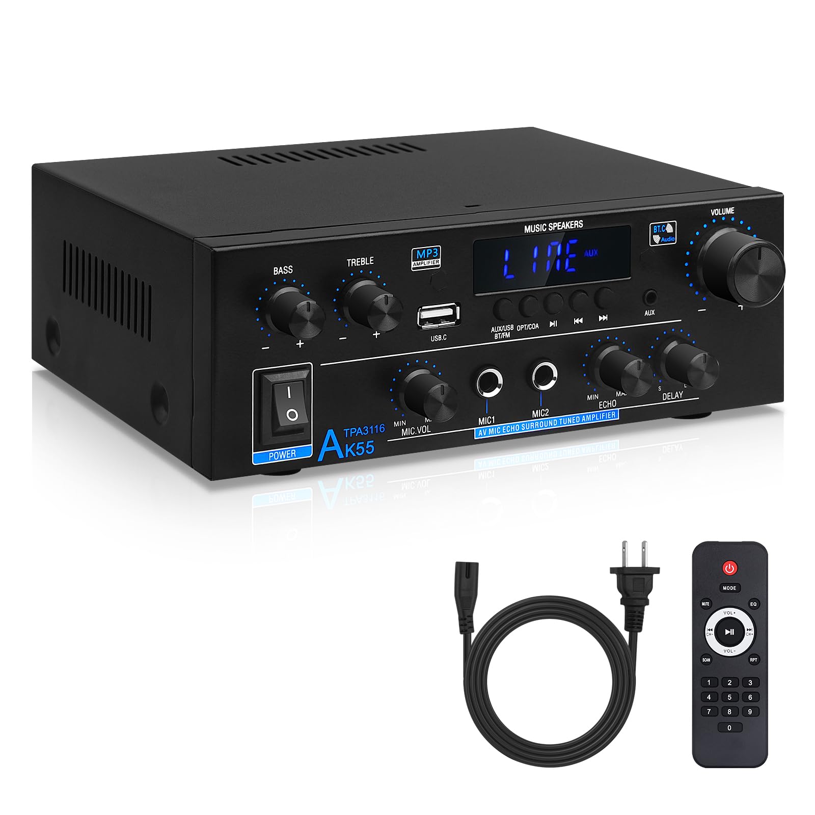 Photo 1 of AK-55 Bluetooth 5.0 Audio Amplifier with TPA3116D2 Chip 2.0 Channel 70W x2 Subwoofer Amplifiers HiFi Stereo Power Amp for Home Speaker with Treble & Bass, FM Radio, MIC/Echo/Delay, USB/AUX/Opt Input