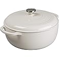 Lodge 7.5 Quart Enameled Cast Iron Dutch Oven with Lid – Dual Handles – Oven Safe up to 500° F or on Stovetop - Use to Marinate, Cook, Bake, Refrigerate and Serve – Oyster White