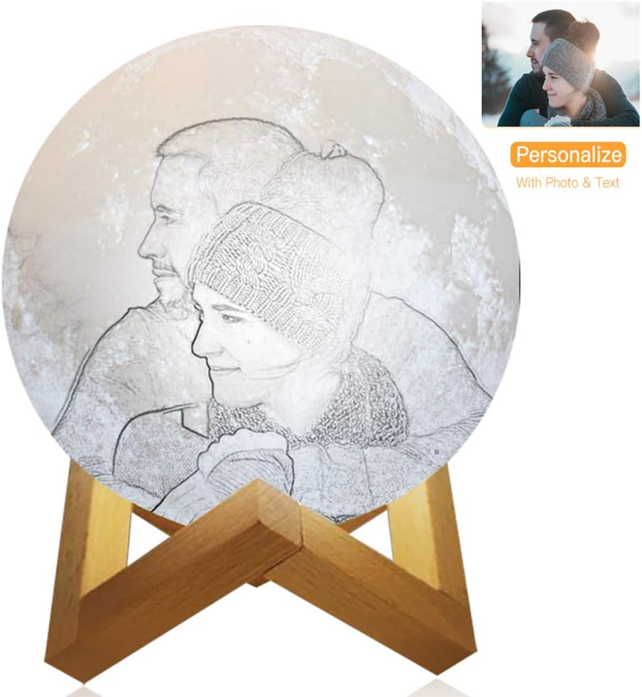 Custom Moon Lamp with Your Own Picture & Text, 3D Printed Moon Globe Light Earth Mars Jupiter Planet Night Lamp with Stand & USB Charging and Touch Control Brightness Warm and Cool White Lunar Lamp