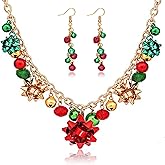 Long tiantian Christmas Necklace Earrings Set Jingle Bell Necklace Xmas Bow Deer Charm Necklaces Jewelry Christmas Outfits for Women Accessories Stocking Stuffers 2025