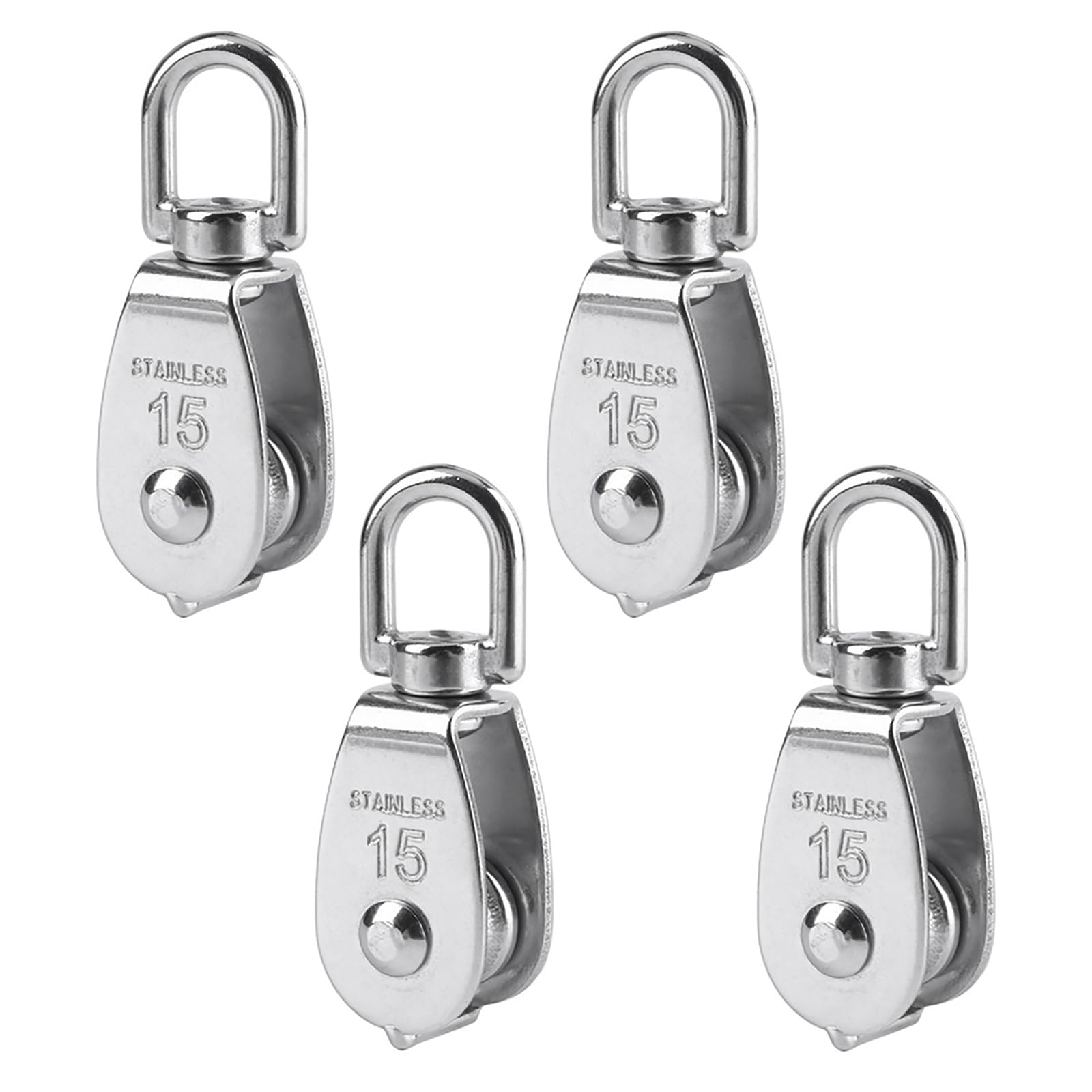 BuxiuGK 4 Piece 15mm Single Pulley Block Heavy Duty Pulley Roller in 304 Stainless Steel Suitable for Rope or Cord in Indoor and Outdoor Loading 35kg - Silver