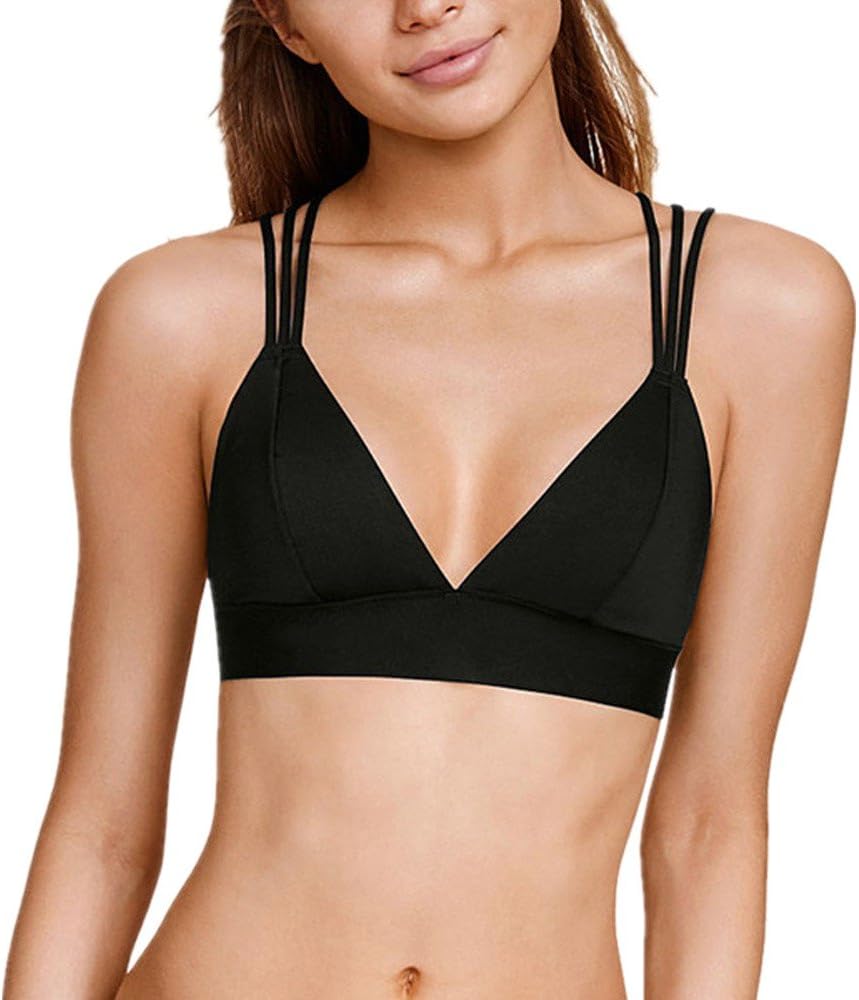 Animas Women's Plunge Yoga Sports Bra High Impact Wirefree Strappy Top Black M