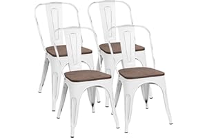 Shahoo Metal Dining Chairs Classic Iron Stackable Industrial Vintage Trattoria Wooden Seat and Back, Indoor-Outdoor Side Settee for Home Bistro Cafe Kitchen Restaurant Set of 4, White