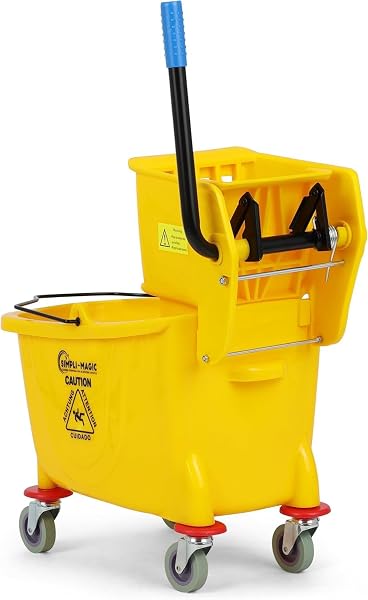 SIMPLI-MAGIC COMMERCIAL MOP BUCKET WITH SIDE PRESS WRINGER, 36 QUART – 50,000 CYCLES WRINGER – INDUSTRIAL MOP BUCKET WITH WHEELS, YELLOW, 79538A