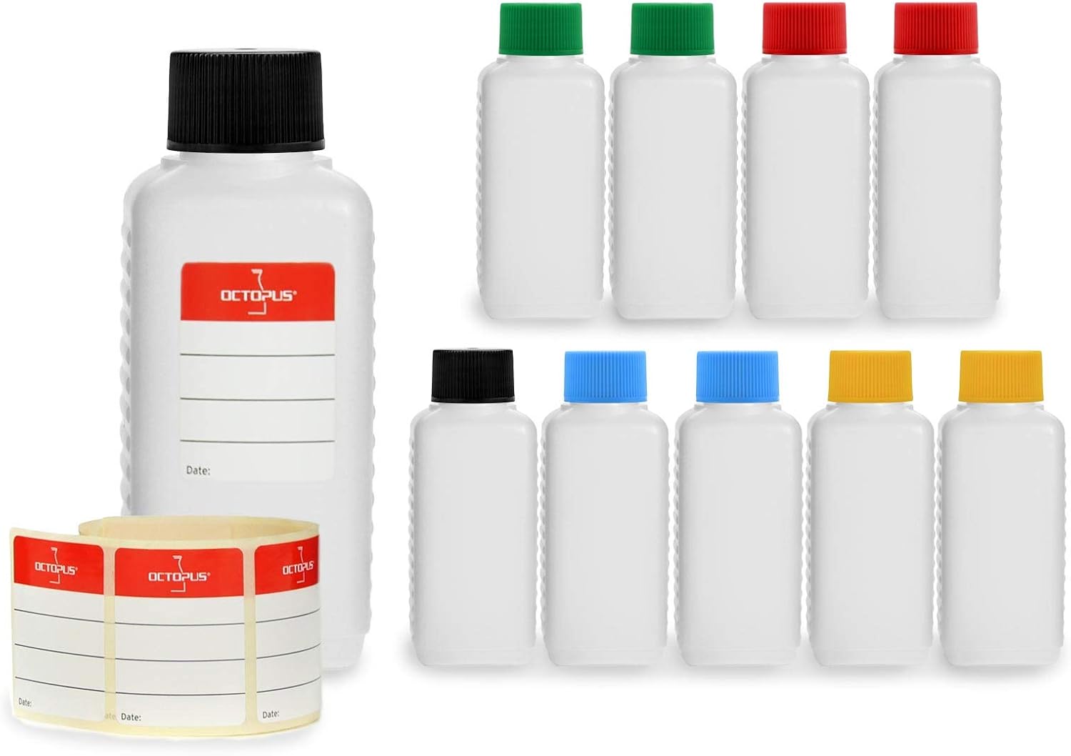10 x 100 ml HDPE Plastic Bottles, Food Safe e.g. for Airplane Travel, Camping, Coloured Lids, Black,blue,green