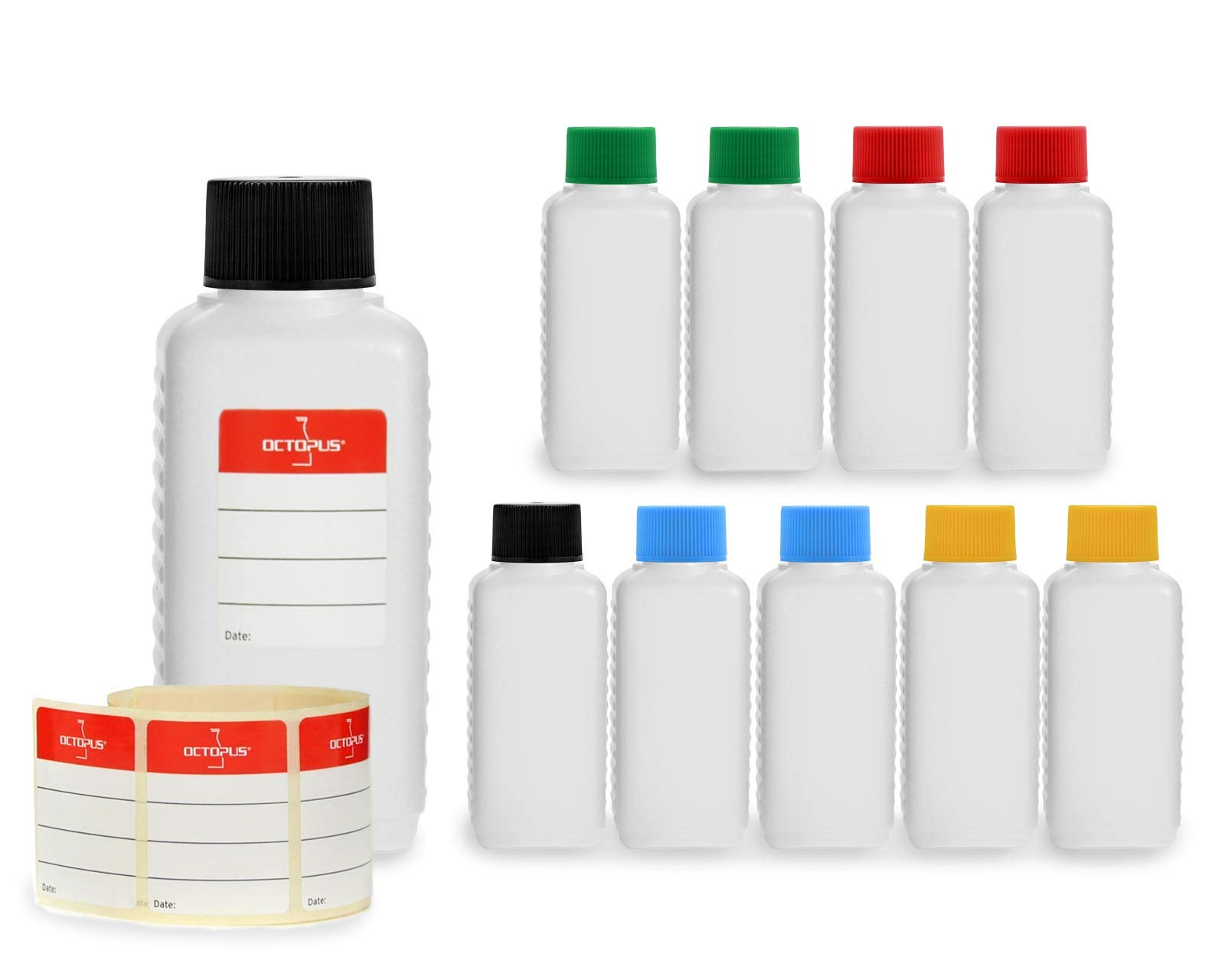 10 x 100 ml HDPE Plastic Bottles, Food Safe e.g. for Airplane, Travel, Camping, Coloured Lids